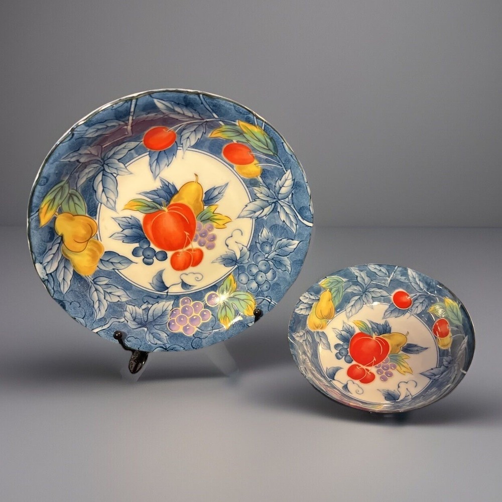 Vintage Handpainted Blue Leaves‎ Fruit Pattern Salad Bowl 8" and Dessert Bowl 5"
